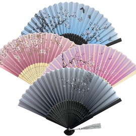 Pack of 4 Foldable Hand Fans, Bamboo Fan with Tassel, Wooden Carved Bamboo Handheld Folding Fan, Hand Fan Asian Decoration for Wall Decoration, Gifts