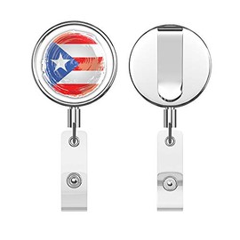 Puerto Rico Flag Brushstroke Round ID Badge Key Card Tag Holder Badge Retractable Reel Badge Holder with Belt Clip