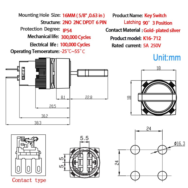 16mm 3 Position Key Switch 5/8" Mounting Hole 12V 24V