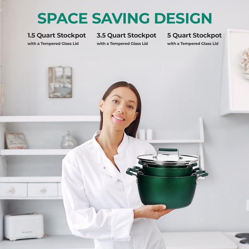 Granitestone Green Pots and Pans Set Nonstick, 6 Stackable Piece