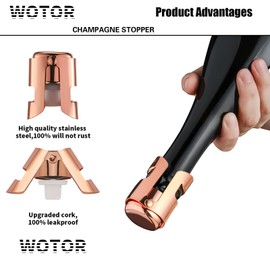 WOTOR Champagne Stoppers with Stainless Steel Champagne Bottle Stopper with Food Grade Silicone Reusable Champagne Cork, Saver Suitable for Champagne, Cava, Prosecco, Sparkling Wine (Rosegold, 2pack)
