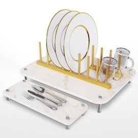 CanaNova 2Tiers Small Large Stone Drying Mat for Kitchen Counter - Diatomaceous Earth Dish Drying Mat Stone with Wood Bamboo Plate Holder - Marble Finish Quick Dry Kitchen Mat Rack for Fruits & More