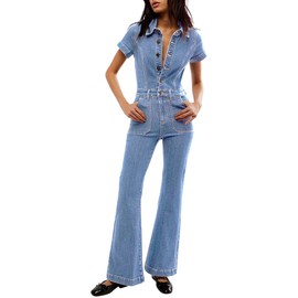 Qazel Vorrlon Denim Jumpsuit for Women Flare Wide Leg Blue Jean Jumper Short Sleeve Button Stretch Long Romper Pants