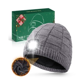 Unisex Plush Beanie with Light, Fleece Lined USB Rechargeable LED Headlamp Hat, Christmas Stocking Stuffers Gifts Warm Knitted Cap for Men Women Dad Mom, Hatlight for Fishing Hiking Hunting Gray