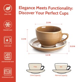 Sweese 6 Ounce Cappuccino Cups with Saucers, Porcelain Double Espresso Cups Set of 4 - Yellow