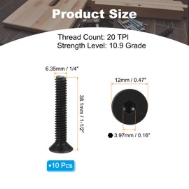 PATIKIL 1/4-20 x 1-1/2" Flat Head Socket Cap Screws, 10 Pack Flat Countersunk Bolts Carbon Steel Hex Socket Drive Machine Screws Full Thread Black Oxide Grade 10.9