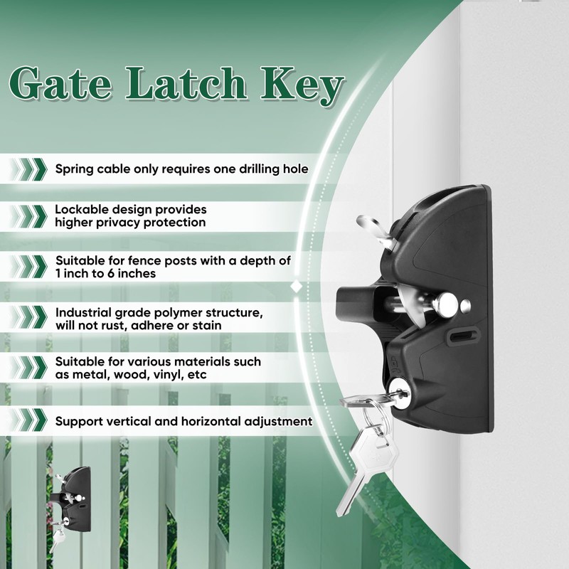 Gate Latch Key, Built in Stainless Steel Lock Tongue, Adjustable,