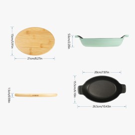 HAWOK Enameled Cast Iron Serving Dish with Magnetic Bamboo Trivet, Oval Server with Handles, Cast Iron Casserole Dish, Set of 2, Green