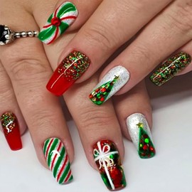 TELAIN Pack of 24 Christmas Press-on Nails, Medium Length Coffin Nails, Artificial Nails with Christmas Tree Design, Glittering Green/Red Striped Nails, Full Cover Acrylic Nails