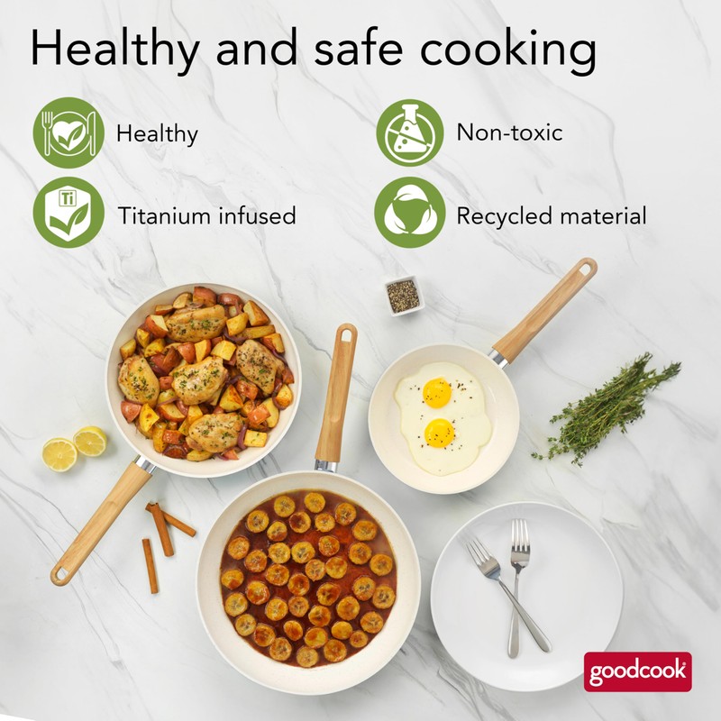GoodCook Healthy Ceramic Titanium-Infused 3-Piece Fry Pan Set, Light Blue