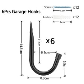 pipabiba 6 Pcs Garage Storage J Hooks, 8.8cm Heavy Duty Utility Steel Hook, Wall Mount Hanger for Hanging Garden Tools, Gym Sports Equipment, Max Load 20KG (14.5cm x 8.8cm)