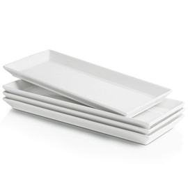 Sweese Rectangular Porcelain Platters, Serving Trays for Parties, 13.8 Inch Large Serving Dishes for Steak, Taco, Sushi, Appetizer, Cake - Dishwasher & Oven Safe - Set of 4, White