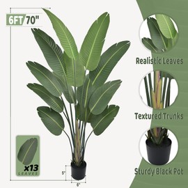Roselywed Artificial Bird of Paradise Tree 6FT with 13 Leaves Realistic Thick Banana Leaf Tall Large Faux Tropical Plant 70 Inch Black Pot for Indoor Home Office Poolside Porch Mall Hotel School Decor