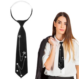 FdcLixuvol Womens Tie with Punk Chain, Black Womens Tie with Metal Chain Adjustable Pre-Tied Necktie Punk Goth Ties for Girls School Uniform Shirt Accessory Cosplay Prom Casual Party
