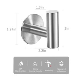Vuzvuv Adhesive Brushed Nickel SUS304 Stainless Steel Towel Hooks – Heavy Duty Waterproof, Self-Adhesive Coat Robe Hook for Bathroom, Kitchen, Hotel (2-Pack)