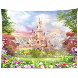 Loccor Castle Tapestry Polyester Dreamy Princess Castle Tapestry Wedding Birthday Party Banner Fairy Tale Flowers Mountain Wall Hanging Wall Art Home Decor for Bedroom Living Room Dorm 60x50 Inches