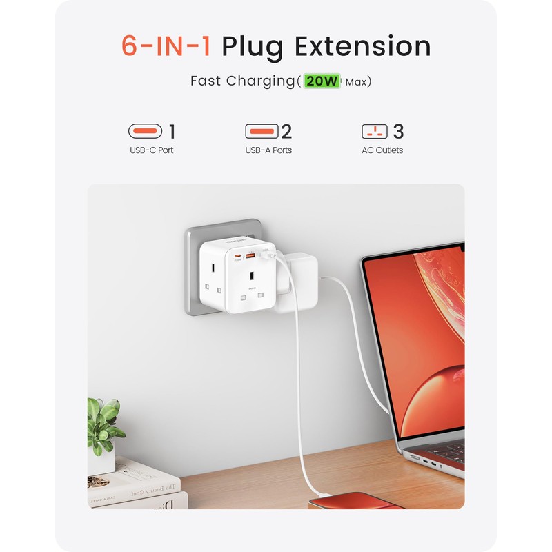 LENCENT 3 way plug adaptor with 3 Fast Charge USB,