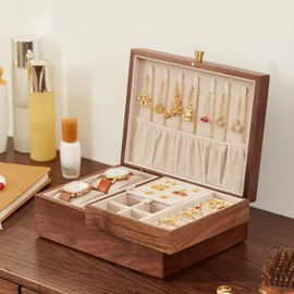 CHOSIN Black Walnut Wooden Jewelry Box for Women 2 Layer Jewelry Organizer with Removable Tray for Watches Rings Earrings Necklace Bracelets Storage Gifts