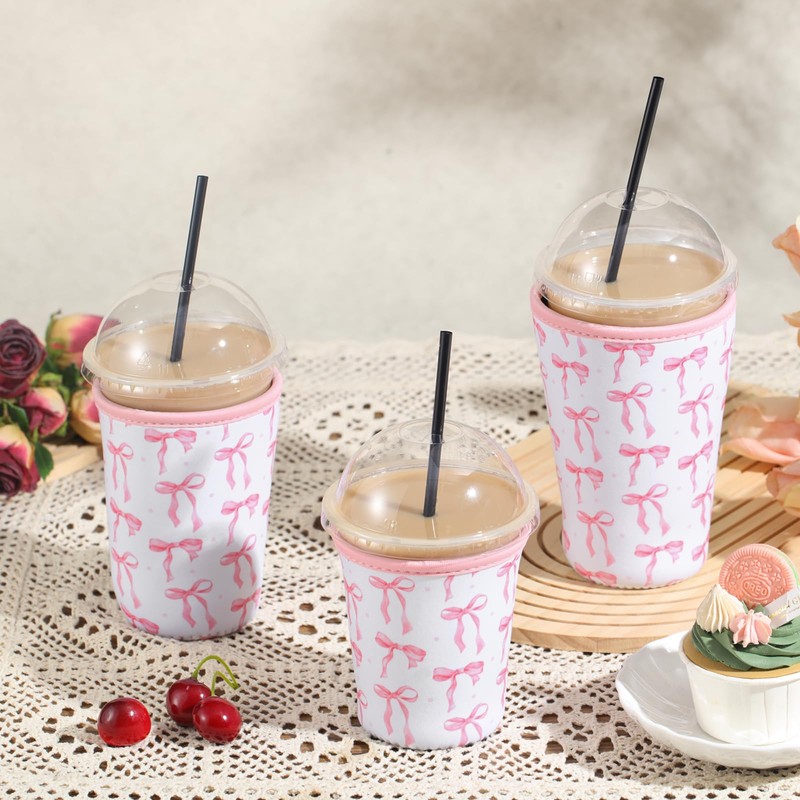 SiliFine 3 Pack Reusable Coquette Bow Sleeves for Iced Coffee