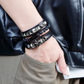 MILAKOO 3pcs Punk Braided Leather Bracelets Lava Stone Goth Skull Rivets Bracelet for Women Men, Leather