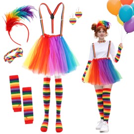 7Pcs Tutu Clown Costume,Tulle Tutu Skirt Y Back Adjustable Elastic Straps Striped Socks Gloves,Feather Headband,Bow Tie(Color:Rainbow)