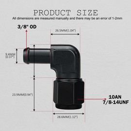 10AN Female to 3/8 Barb 90 Degree Hose Fitting Adapter Swivel Aluminum Black, Pack of 2