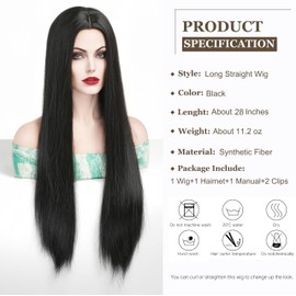 Esmee Long Straight Black Wigs for Women Natural Synthetic Hair Heat Resistant Wigs for Daily Party Cosplay Morticia addams wig Wear-28 Inches （Vampire Wigs）