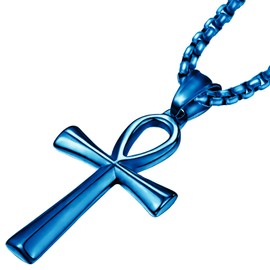 JUNOVUROS 18 to 28 Inches Rolo Chain Ancient Ankh Cross Pendant Necklace for Men Women Boys Girls 316L Stainless Steel with Large And Medium Sizes, 1.77'' x 0.98", Stainless Steel, Cubic Zirconia