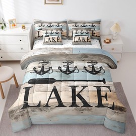 Erosebridal Lake Themed Bed in A Bag Twin,Lake House Comforter Set Camper Gift,Nautical Anchor Bedding Sets,Farmhouse Wooden Panel Paddle Quilt with Flat Fitted Sheet,Pillow Covers Bedroom Decor
