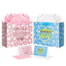 JWSCYSY 2PCS 12.6" Large Mother's Day Gift Bags with Tissue Papers and Greeting Cards (Pink Silver, Blue Gold)