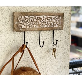 Decorative Wooden & Cast Iron Vintage Rustic Coat Hanger Wall Mounted Jacket Robe Towel Door Hook Rack Holder Rail For Hallway Living Room Entryway Bathroom Bedroom Home Decor Accents