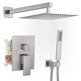 BWE 12 Inch Square Shower Head System 2-Functions Bathroom Luxury Rain Mixer Shower Combo Set Wall Mounted Rainfall Brushed Nickel Shower Faucet Rough-in Valve Body and Trim Included