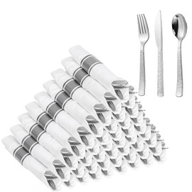WELLIFE 50 Pack Silver Plastic Silverware with Pre Rolled Napkins,Wrapped Silverware Set Disposable,Includes:50 Forks, 50 Knives, 50 Spoons, 50 Napkins,Utensils Plastic Disposable