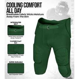 Exxact Sports Proline Youth Integrated Football Pants with 7 Flex Pads, Lightweight Football Practice Pants for Protection (YL, Dark Green)