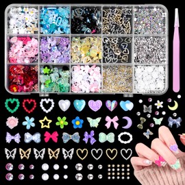 3D Color Nail Charms Gems, Valentine's Day Assorted Bow Heart Flower Nail Charms, Half Round Nail Rhinetones Gems, Butterfly Heart Alloy Nail Jewelry Charms for DIY Nail Art Supplies
