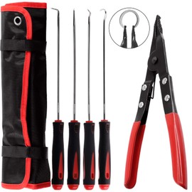 Keadic 5 Pcs 9 Inch Angle Tip Lock Ring Pliers and Long Precision Hook Kit with Storage Bag, Heavy Duty Snap Pliers Car Repair Tool Set for Hose Remover O Ring Removal