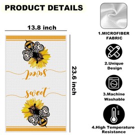 2Pcs Sunflower Cute Bee Kitchen Towels 24x14 Inch, Rustic Bee Waffle Hand Towels for Kitchen Home, Absorbent Microfiber Dish Cloth Tea Towel, Sunflower Gifts for Women Mom Grandma