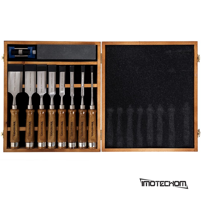 IMOTECHOM 10-Pieces Woodworking Wood Chisel Set with Wooden Box, Honing