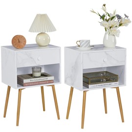 VECELO Nightstand Set of 2 Modern Night Stand/Side Table Easy Assembly with Drawer and Storage Shelf Wood Night Stand for Bedroom, Living Room, Small Places, White