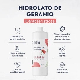 Hidrolato de Geranio 1L Hebbe Cosmetics Tónico Facial para Piel Grasa y Sensible