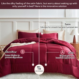 MR&HM Full Size Comforter Set Burgundy, Reversible Satin Microfiber Comforter Set for All Seasons, 3 Pieces Non-Slip Silky Soft Bedding Sets with 1 Comforter (82"x86") and 2 Pillowcases (20"x26")