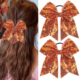 Thanksgiving Fall Hair Scrunchies Autumn Hair Scarf with Ribbon Bows Cheerleaders Butterfly Hair Bands Glitter Orange Elastic Hair Ties Ropes Ponytail Holder Hair Accessories 2Pcs﻿ (B-Glitter 2)