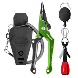 SAMSFX Aluminum Saltwater Fishing Pliers Locking with Quick Nail Knot Tying Tool and Zinger Retractor (Green & Gray Handle-7'' Split Ring Nose, Fishing Knot Tying Tool)