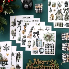 Dispowreath 16 Sheets Christmas Rub On Transfers for Crafts and Furniture Xmas Black and White Plaid Snowman Reindeer Gnome Stickers Rub On Decals Wood Dairy Envelope Crafts, 5.9 x 5.9''