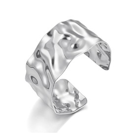 WOWORAMA Silver Hammered Cuff Bracelet for Women Boho Chunky Wide Open Bangles Vintage Silver Statement Bracelet Adjustable Wrist Arm Cuff Bracelets