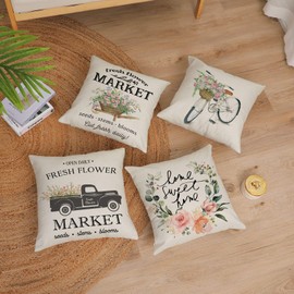 YeeJu Spring Decorative Throw Pillow Covers Square Cotton Linen Cushion Covers Outdoor Couch Sofa Home Pillow Cases 18x18 Inch