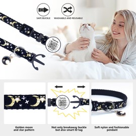 Breakaway Cat Collar with QR Code ID & Modifiable Profile, Upgraded Reflective Safety Collar - Free Lifetime Replacement, Adjustable Nylon, Star Moon Design (Blue)