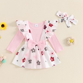 Bufarromio Baby Girls 2 Pieces Skirt Outfits Cute Flower Print Suspender Skirt Clothes Set Bowknot Ruffled Shoulder Skirt Set For Newborn Girls (Red, 3-6 Months)