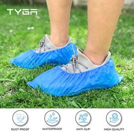 TYGA Store 100 Pieces Disposable Shoe Covers - Blue Plastic, Anti Slip, Dust Proof, Waterproof Overshoes – Indoor, Outdoor, Carpet, Floor, Rain, Boot, Safety, Cycling, Strong Foot Covering