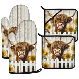 Sunflower Highland Cow Oven Mitts and Pot Holders Sets 4Pcs,Extra Long Oven Gloves Potholder for Kitchen Cooking Baking BBQ 100% Cotton Heat Resistant
